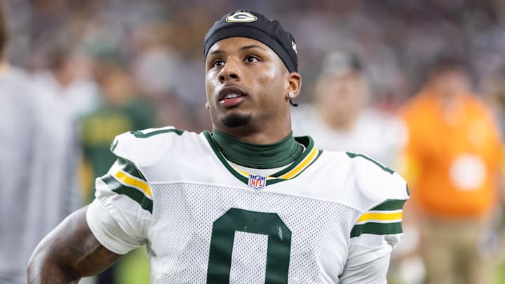 Oct 19, 2025; Glendale, Arizona, USA; Green Bay Packers wide receiver Matthew Golden (0) against the Arizona Cardinals at State Farm Stadium. Mandatory Credit: Mark J. Rebilas-Imagn Images