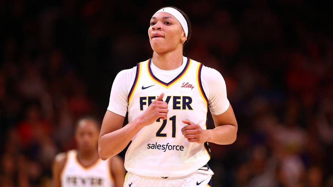Aug 7, 2025; Phoenix, Arizona, USA; Indiana Fever forward Makayla Timpson (21) against the Phoenix Mercury during an WNBA game at PHX Arena. Mandatory Credit: Mark J. Rebilas-Imagn Images