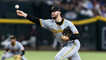 Pittsburgh Pirates pitcher Paul Skenes pitches against the Arizona Diamondbacks at Chase Field during an MLB game