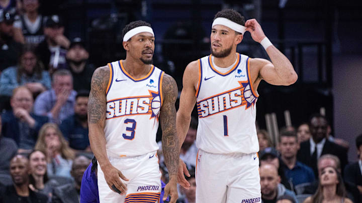 Apr 12, 2024; Sacramento, California, USA; Phoenix Suns guard Bradley Beal (3) and guard Devin Booker (1) walk off the court during a time out in the second quarter against the Sacramento Kings at Golden 1 Center. Mandatory Credit: Ed Szczepanski-Imagn Images Apr 12, 2024; Sacramento, California, USA; Phoenix Suns guard Bradley Beal (3) and guard Devin Booker (1) walk off the court during a time out in the second quarter against the Sacramento Kings at Golden 1 Center. Mandatory Credit: Ed Szczepanski-Imagn Images