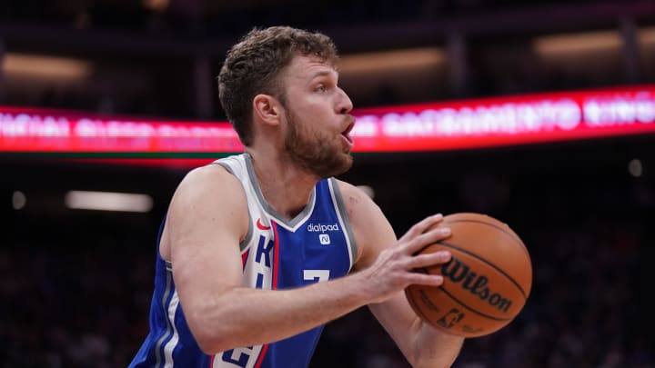 Apr 14, 2024; Sacramento, California, USA; Sacramento Kings forward Sasha Vezenkov (7) looks to shoot the ball against the Portland Trail Blazers in the fourth quarter at the Golden 1 Center. Mandatory Credit: Cary Edmondson-USA TODAY Sports