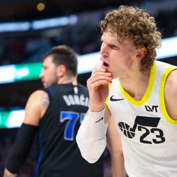 Mar 21, 2024; Dallas, Texas, USA;  Utah Jazz forward Lauri Markkanen (23) reacts after getting hit in the mouth during the second half against the Dallas Mavericks at American Airlines Center. Mandatory Credit: Kevin Jairaj-USA TODAY Sports