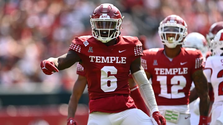 Sep 17, 2022; Philadelphia, Pennsylvania, USA; Temple Owls linebacker Jordan Magee (6) reacts after a tackle against the Rutgers Scarlet Knights in the first half at Lincoln Financial Field. Mandatory Credit: Kyle Ross-USA TODAY Sports