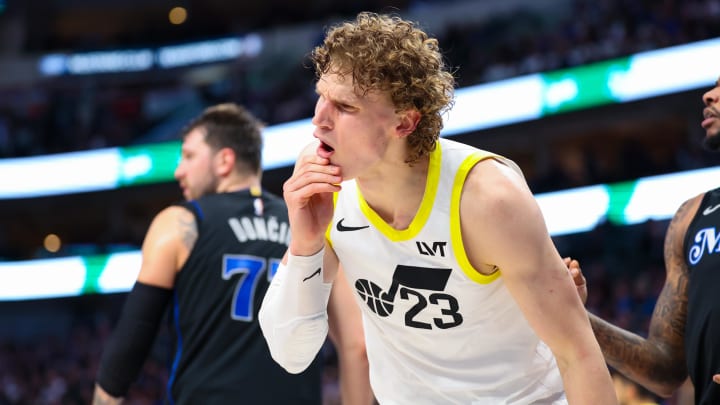 Mar 21, 2024; Dallas, Texas, USA;  Utah Jazz forward Lauri Markkanen (23) reacts after getting hit in the mouth during the second half against the Dallas Mavericks at American Airlines Center. Mandatory Credit: Kevin Jairaj-USA TODAY Sports