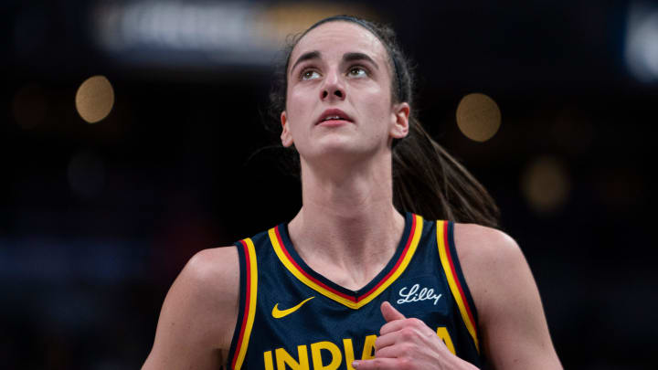 Indiana Fever guard Caitlin Clark (22) looks up at the scoreboard on Sunday June 16, 2024, during the game at Gainbridge Fieldhouse in Indianapolis. The Fever beat the Sky 91-83.
