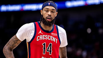 Nov 4, 2024; New Orleans, Louisiana, USA;  New Orleans Pelicans forward Brandon Ingram (14) looks on against the Portland Trail Blazers during the second half at Smoothie King Center. Mandatory Credit: Stephen Lew-Imagn Images