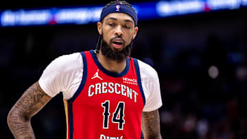 Nov 4, 2024; New Orleans, Louisiana, USA;  New Orleans Pelicans forward Brandon Ingram (14) looks on against the Portland Trail Blazers during the second half at Smoothie King Center. Mandatory Credit: Stephen Lew-Imagn Images