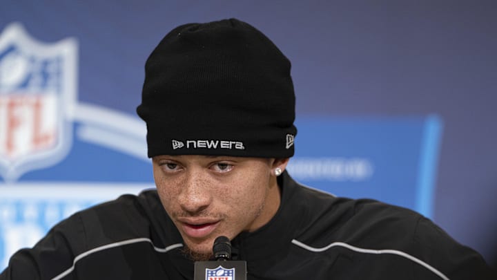 Feb 26, 2026; Indianapolis, IN, USA; Clemson defensive back Avieon Terrell (DB31) speaks to media members during the NFL Combine at the Indiana Convention Center. Mandatory Credit: Jacob Musselman-Imagn Images