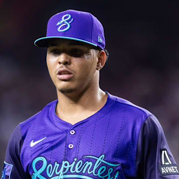May 9, 2025; Phoenix, Arizona, USA; Arizona Diamondbacks pitcher Cristian Mena against the Los Angeles Dodgers at Chase Field. Mandatory Credit: Mark J. Rebilas-Imagn Images