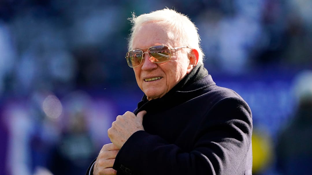 Dallas Cowboys owner and general manager Jerry Jones on the field for warmups before the Cowboys take on the New York Giants.