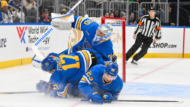 Jan 24, 2026; St. Louis, Missouri, USA; St. Louis Blues defenseman Cam Fowler (17) and defenseman Logan Mailloux (23) collide with goaltender Joel Hofer (30) during the third period against the Los Angeles Kings at Enterprise Center. Mandatory Credit: Jeff Curry-Imagn Images