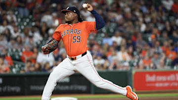 Sep 6, 2024; Houston, Texas, USA;  Houston Astros starting pitcher Framber Valdez (59) pitches against the Arizona Diamondbacks in the first inning at Minute Maid Park. 