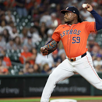 Sep 6, 2024; Houston, Texas, USA;  Houston Astros starting pitcher Framber Valdez (59) pitches against the Arizona Diamondbacks in the first inning at Minute Maid Park. 