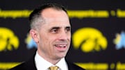 Iowa head men's basketball coach Ben McCollum is pictured at his introductory press conference Tuesday, March 25, 2025 at Carver-Hawkeye Arena in Iowa City, Iowa.
