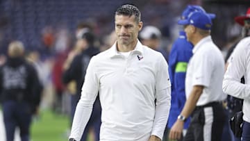Dec 24, 2023; Houston, Texas, USA; Houston Texans general manager Nick Caserio walks on the field before the game against the Cleveland Browns at NRG Stadium. Mandatory Credit: Troy Taormina-Imagn Images