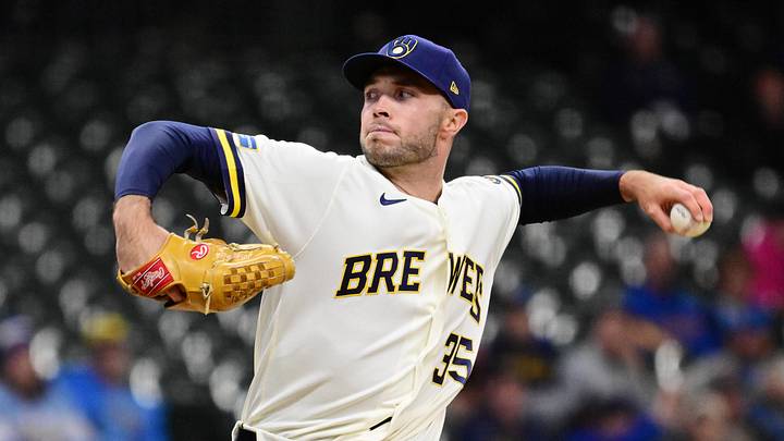 Apr 30, 2026; Milwaukee, Wisconsin, USA; Milwaukee Brewers pitcher Brian Fitzpatrick (35) throws a pitch in the eighth inning against the Arizona Diamondbacks at American Family Field. Mandatory Credit: Benny Sieu-Imagn Images