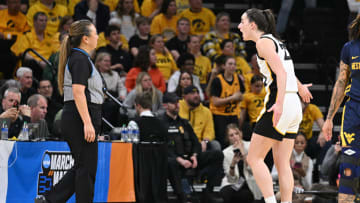 Mar 25, 2024; Iowa City, IA, USA;  Iowa Hawkeyes guard Caitlin Clark (22) reacts to an official calling a foul on the Hawkeyes in the second round of the NCAA Women's Tournament.