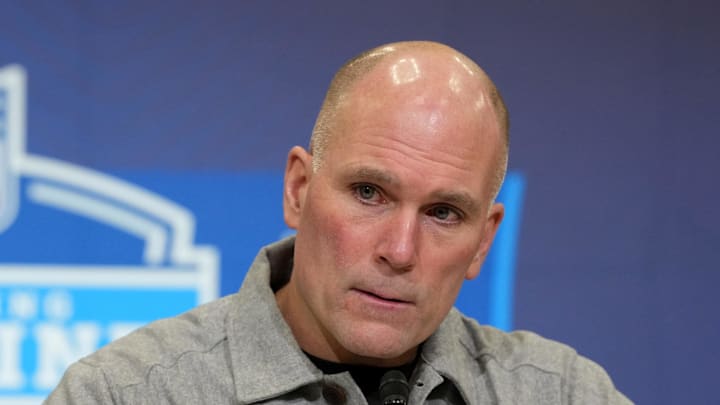 Feb 24, 2026; Indianapolis, IN, USA; Baltimore Ravens general manager Eric DeCosta speaks at the NFL Scouting Combine at the Indiana Convention Center. Mandatory Credit: Kirby Lee-Imagn Images
