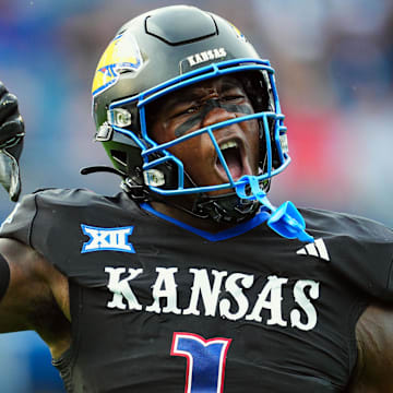 Sep 13, 2024; Kansas City, Kansas, USA; Kansas Jayhawks linebacker JB Brown (1) celebrates after a play during the first half against the UNLV Rebels at Children's Mercy Park. 