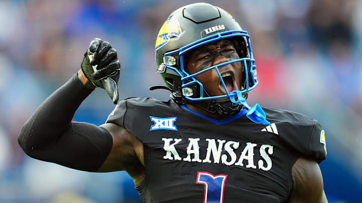 Sep 13, 2024; Kansas City, Kansas, USA; Kansas Jayhawks linebacker JB Brown (1) celebrates after a play during the first half against the UNLV Rebels at Children's Mercy Park. 