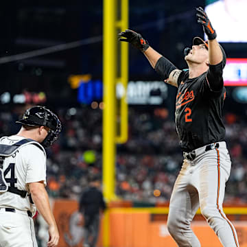 Baltimore Orioles shortstop Gunnar Henderson (2) celebrates a 2-run home run against Detroit Tigers during the seventh inning at Comerica Park in Detroit on Saturday, September 14, 2024.