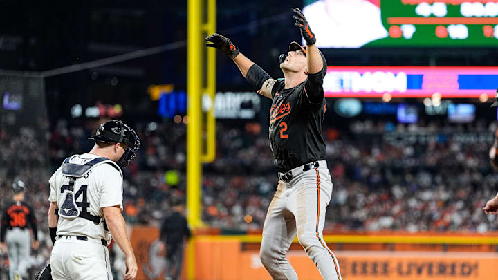 Baltimore Orioles shortstop Gunnar Henderson (2) celebrates a 2-run home run against Detroit Tigers during the seventh inning at Comerica Park in Detroit on Saturday, September 14, 2024.