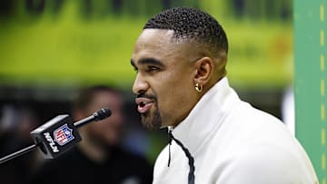 Feb 3, 2025; New Orleans, LA, USA; Philadelphia Eagles quarterback Jalen Hurts (1) talks to the media during Super Bowl LIX Opening Night at Caesars Superdome.