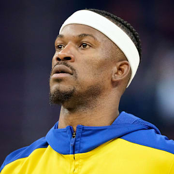 Apr 13, 2025; San Francisco, California, USA; Golden State Warriors forward Jimmy Butler III (10) looks on during warmups before the game against the LA Clippers at Chase Center. Mandatory Credit: Robert Edwards-Imagn Images