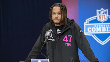 Feb 27, 2025; Indianapolis, IN, USA; Penn St defensive back Jaylen Reed (DB47) during the 2025 NFL Combine at Lucas Oil Stadium. Mandatory Credit: Tanner Pearson-Imagn Images