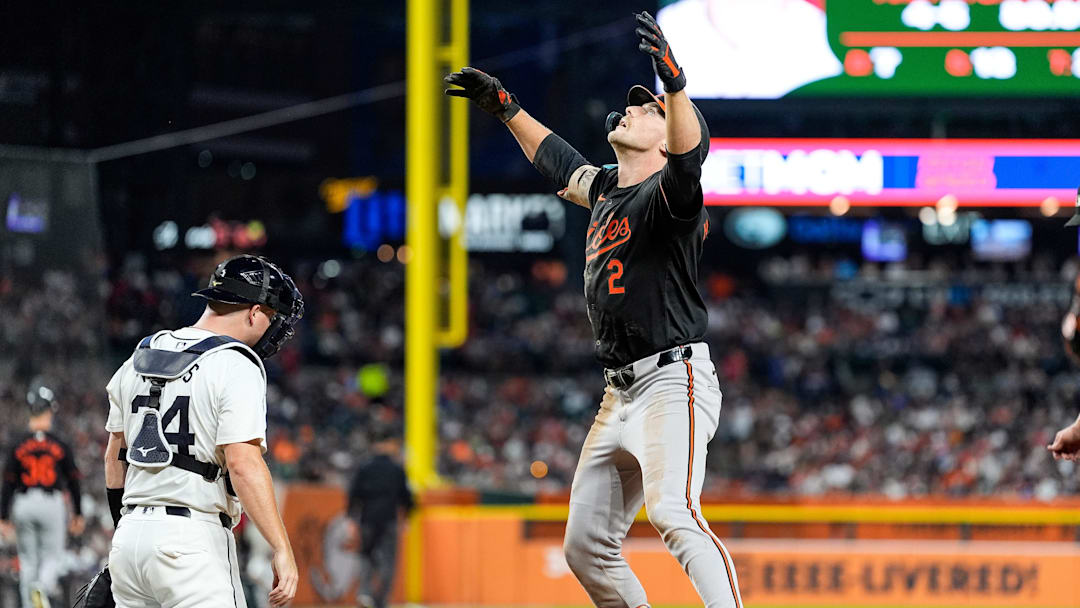 Baltimore Orioles shortstop Gunnar Henderson (2) celebrates a 2-run home run against Detroit Tigers during the seventh inning at Comerica Park in Detroit on Saturday, September 14, 2024.