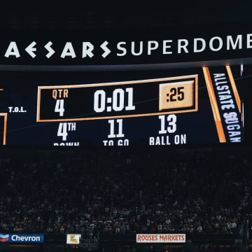 The Sugar Bowl scoreboard counts down to the end of the game. 