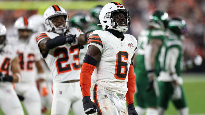 Dec 28, 2023; Cleveland, Ohio, USA; Cleveland Browns linebacker Jeremiah Owusu-Koramoah (6) celebrates after a tackle against the New York Jets during the first half at Cleveland Browns Stadium. Mandatory Credit: Scott Galvin-USA TODAY Sports
