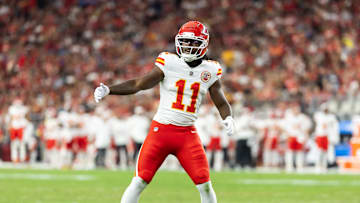 Aug 9, 2025; Glendale, Arizona, USA; Kansas City Chiefs wide receiver Jalen Royals (11) against the Arizona Cardinals during a preseason NFL game at State Farm Stadium. Mandatory Credit: Mark J. Rebilas-Imagn Images