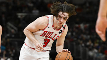 Mar 10, 2025; Chicago, Illinois, USA; Chicago Bulls guard Josh Giddey (3) dribbles the ball against the Indiana Pacers during the second half at United Center. Mandatory Credit: Matt Marton-Imagn Images