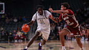 Jan 4, 2025; Atlanta, Georgia, USA; Georgia Tech Yellow Jackets forward Baye Ndongo (11) drives on Boston College Eagles forward Elijah Strong (31) in the second half at McCamish Pavilion. Mandatory Credit: Brett Davis-Imagn Images
