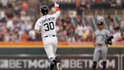 Aug 4, 2025; Detroit, Michigan, USA;  Detroit Tigers outfielder Kerry Carpenter (30) celebrates after hitting a two-run home run in the sixth inning against the Minnesota Twins at Comerica Park.