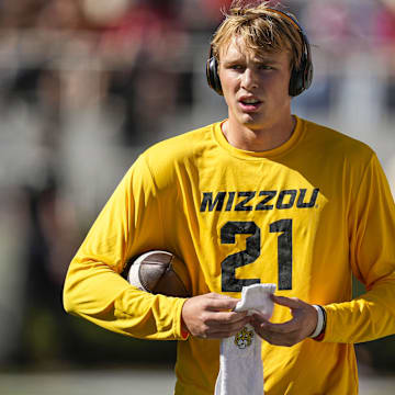 Nov 4, 2023; Athens, Georgia, USA; Missouri Tigers quarterback Sam Horn (21) on the field before the game against the Georgia Bulldogs at Sanford Stadium. Mandatory Credit: Dale Zanine-Imagn Images