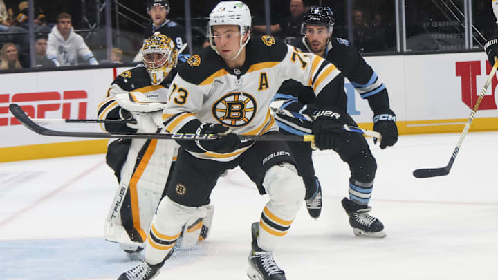 Oct 19, 2024; Salt Lake City, Utah, USA; Boston Bruin defenseman Charlie McAvoy  at Delta Center. Mandatory Credit: Harry Caston-Imagn Images
