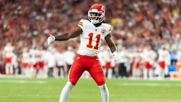 Aug 9, 2025; Glendale, Arizona, USA; Kansas City Chiefs wide receiver Jalen Royals (11) against the Arizona Cardinals during a preseason NFL game at State Farm Stadium. Mandatory Credit: Mark J. Rebilas-Imagn Images