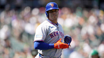 Apr 12, 2025; West Sacramento, California, USA; New York Mets right fielder Juan Soto (22) looks towards the dugout after drawing a walk against the Athletics in the third inning at Sutter Health Park.