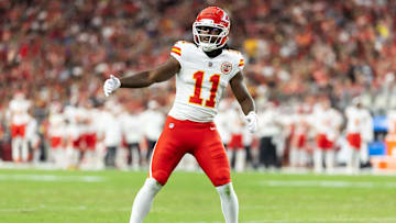 Aug 9, 2025; Glendale, Arizona, USA; Kansas City Chiefs wide receiver Jalen Royals (11) against the Arizona Cardinals during a preseason NFL game at State Farm Stadium.