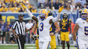 Sep 13, 2025; Morgantown, West Virginia, USA; Pittsburgh Panthers linebacker Rasheem Biles (3) celebrates a defensive stop during the third quarter against the West Virginia Mountaineers at Milan Puskar Stadium. Mandatory Credit: Ben Queen-Imagn Images