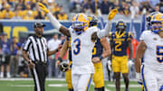 Sep 13, 2025; Morgantown, West Virginia, USA; Pittsburgh Panthers linebacker Rasheem Biles (3) celebrates a defensive stop during the third quarter against the West Virginia Mountaineers at Milan Puskar Stadium. Mandatory Credit: Ben Queen-Imagn Images