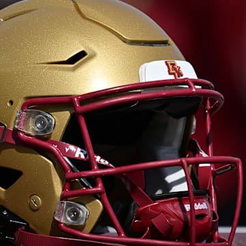 Sep 28, 2024; Chestnut Hill, Massachusetts, USA; A Boston College Eagles helmet sits on an equipment case before the first half against the Western Kentucky Hilltoppers at Alumni Stadium. Mandatory Credit: Eric Canha-Imagn Images