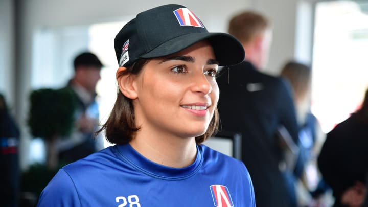 Jun 21, 2024; Salinas, California, USA; IndyNXT Series driver Jamie Chadwick during media availabilities at the Grand Prix Of Monterey at WeatherTech Raceway Laguna Seca. Mandatory Credit: Gary A. Vasquez-USA TODAY Sports