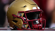Sep 28, 2024; Chestnut Hill, Massachusetts, USA; A Boston College Eagles helmet sits on an equipment case before the first half against the Western Kentucky Hilltoppers at Alumni Stadium. Mandatory Credit: Eric Canha-Imagn Images