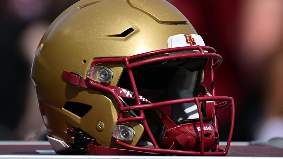 Sep 28, 2024; Chestnut Hill, Massachusetts, USA; A Boston College Eagles helmet sits on an equipment case before the first half against the Western Kentucky Hilltoppers at Alumni Stadium. Mandatory Credit: Eric Canha-Imagn Images