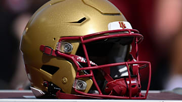 Sep 28, 2024; Chestnut Hill, Massachusetts, USA; A Boston College Eagles helmet sits on an equipment case before the first half against the Western Kentucky Hilltoppers at Alumni Stadium. Mandatory Credit: Eric Canha-Imagn Images