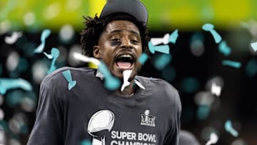 Feb 9, 2025; New Orleans, LA, USA; Philadelphia Eagles   safety C.J. Gardner-Johnson celebrates after defeating the Kansas City Chiefs in Super Bowl LIX at Ceasars Superdome. Mandatory Credit: Mark J. Rebilas-Imagn Images