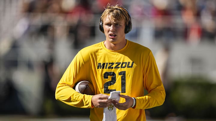 Nov 4, 2023; Athens, Georgia, USA; Missouri Tigers quarterback Sam Horn (21) on the field before the game against the Georgia Bulldogs at Sanford Stadium. Mandatory Credit: Dale Zanine-Imagn Images